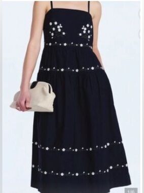 Blue Spaghetti-Strap Midi Dress with White Floral Embroidery NWT super QUALITY